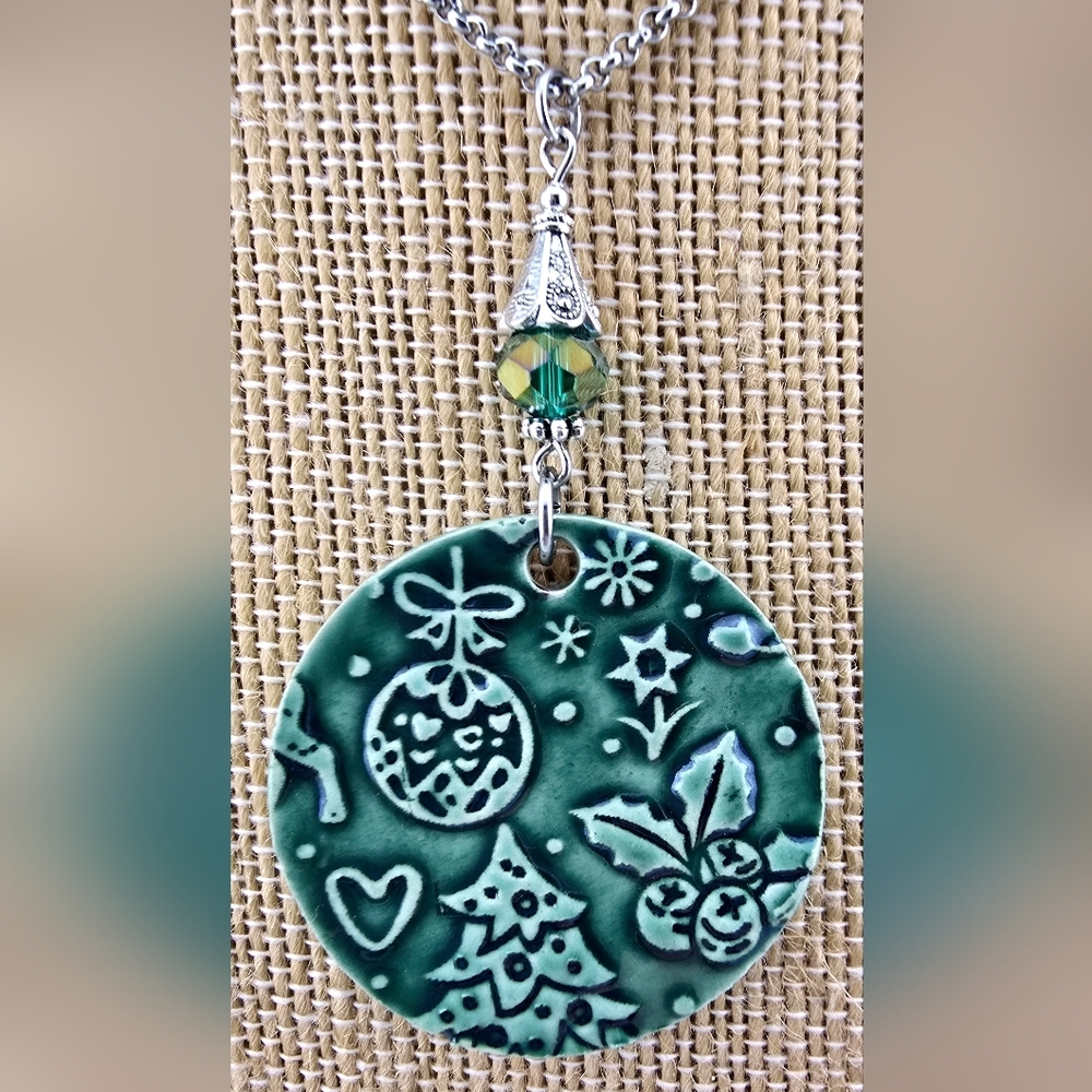 Handmade Kiln Fired Ceramic Green Christmas Pendant Necklace - Picture 2 of 4